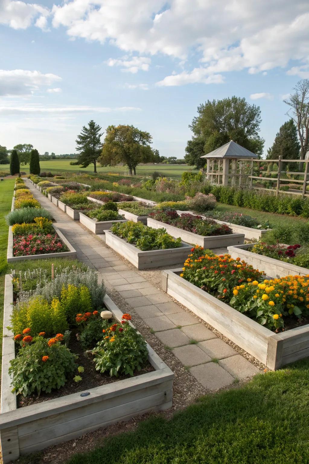 A garden featuring raised planters that add dimension and structure.