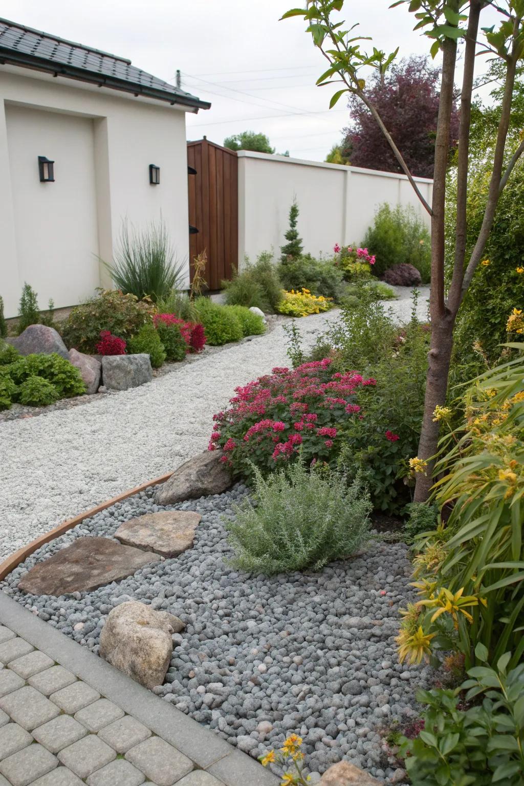 Neutral gravel tones with colorful plant accents.