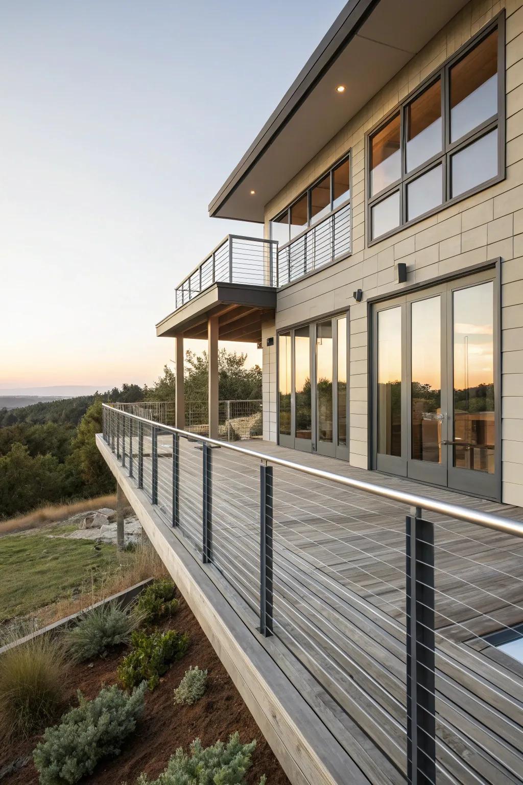 Seamless integration of modern architecture with deck railings.