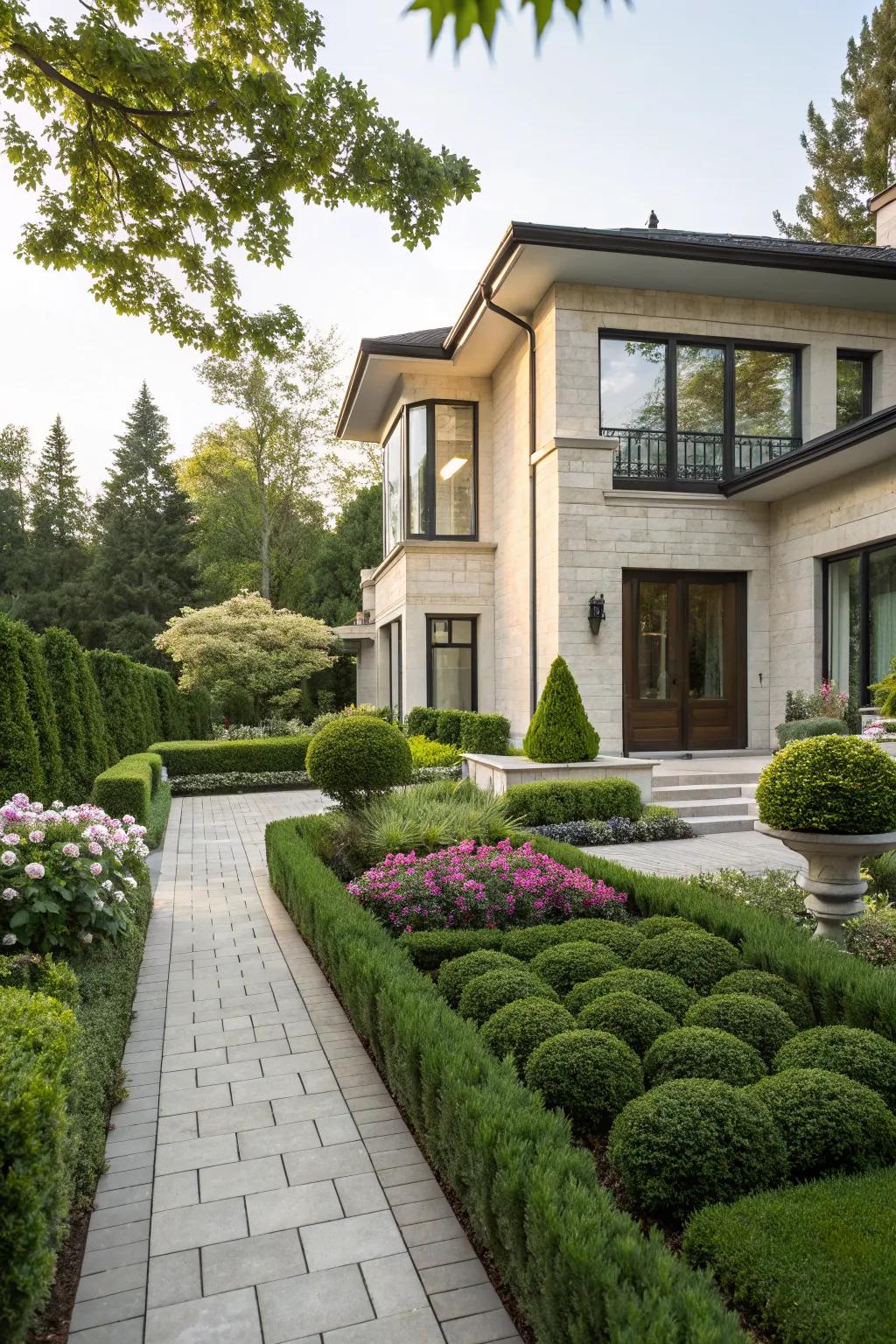 Thoughtful landscaping frames and enhances this modern facade.