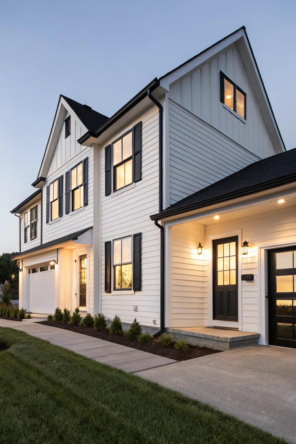 A modern house with light exterior and striking black accents.