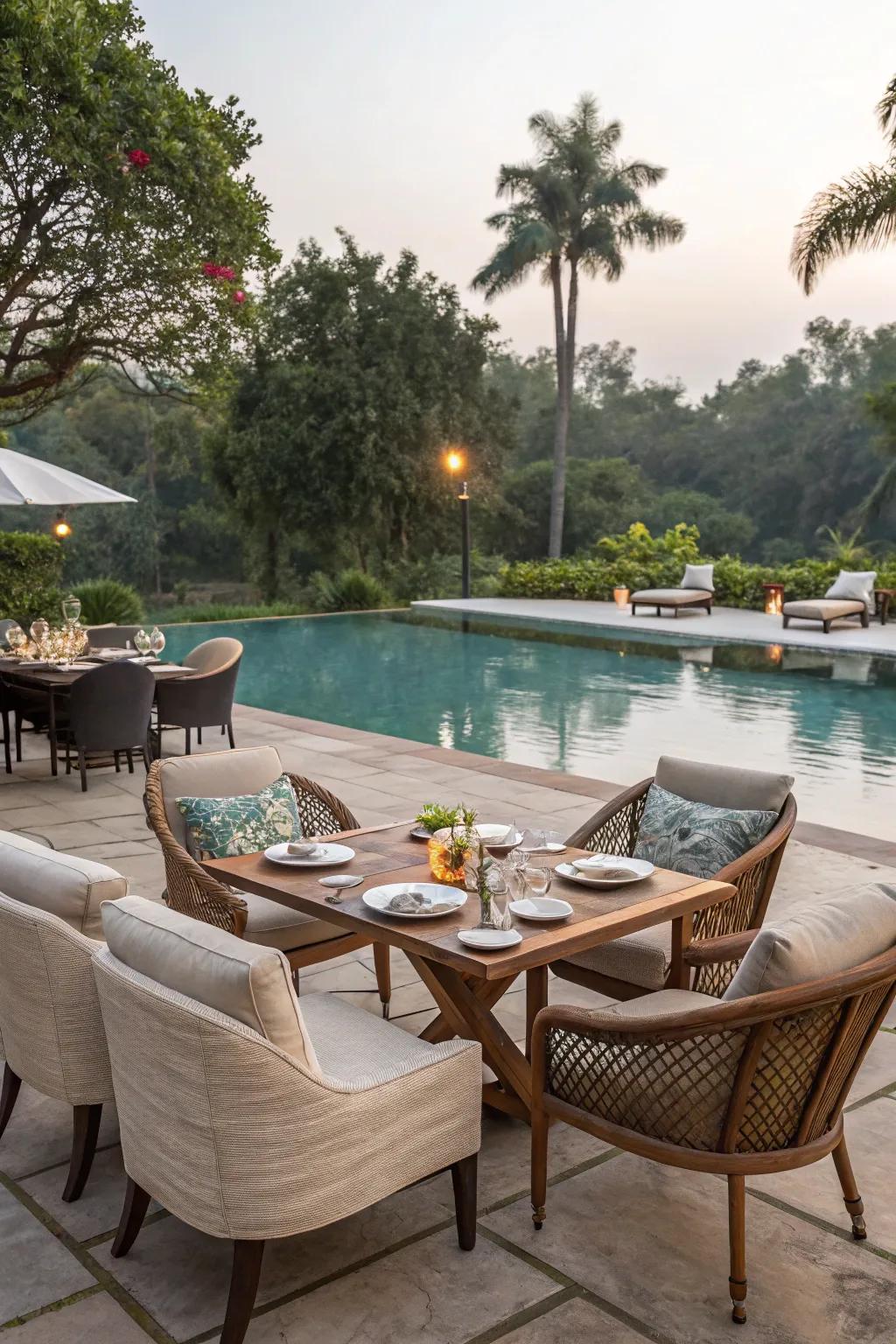 An outdoor living space that combines comfort with style by the pool.