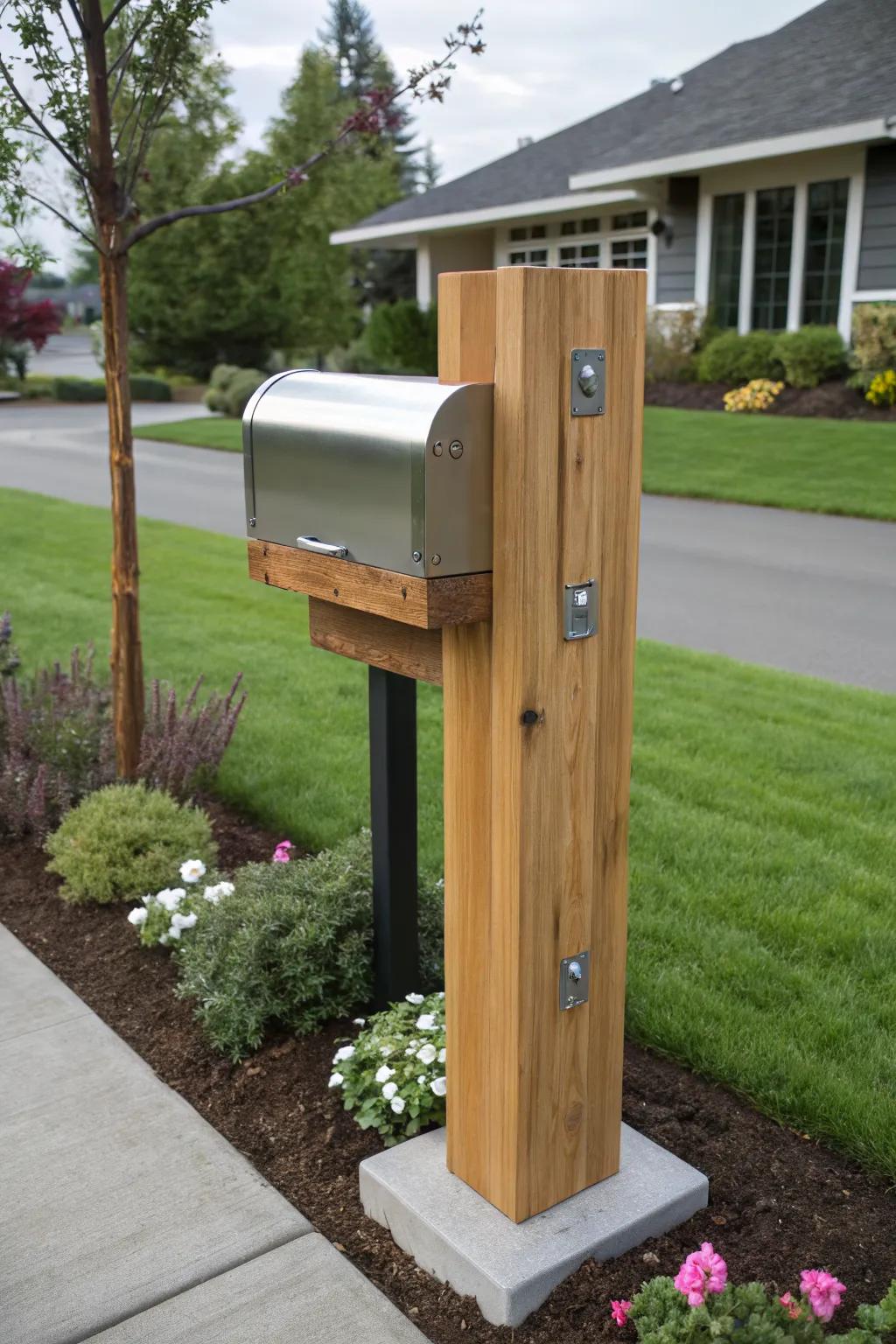 A blend of wood and metal creates a striking modern mailbox post.