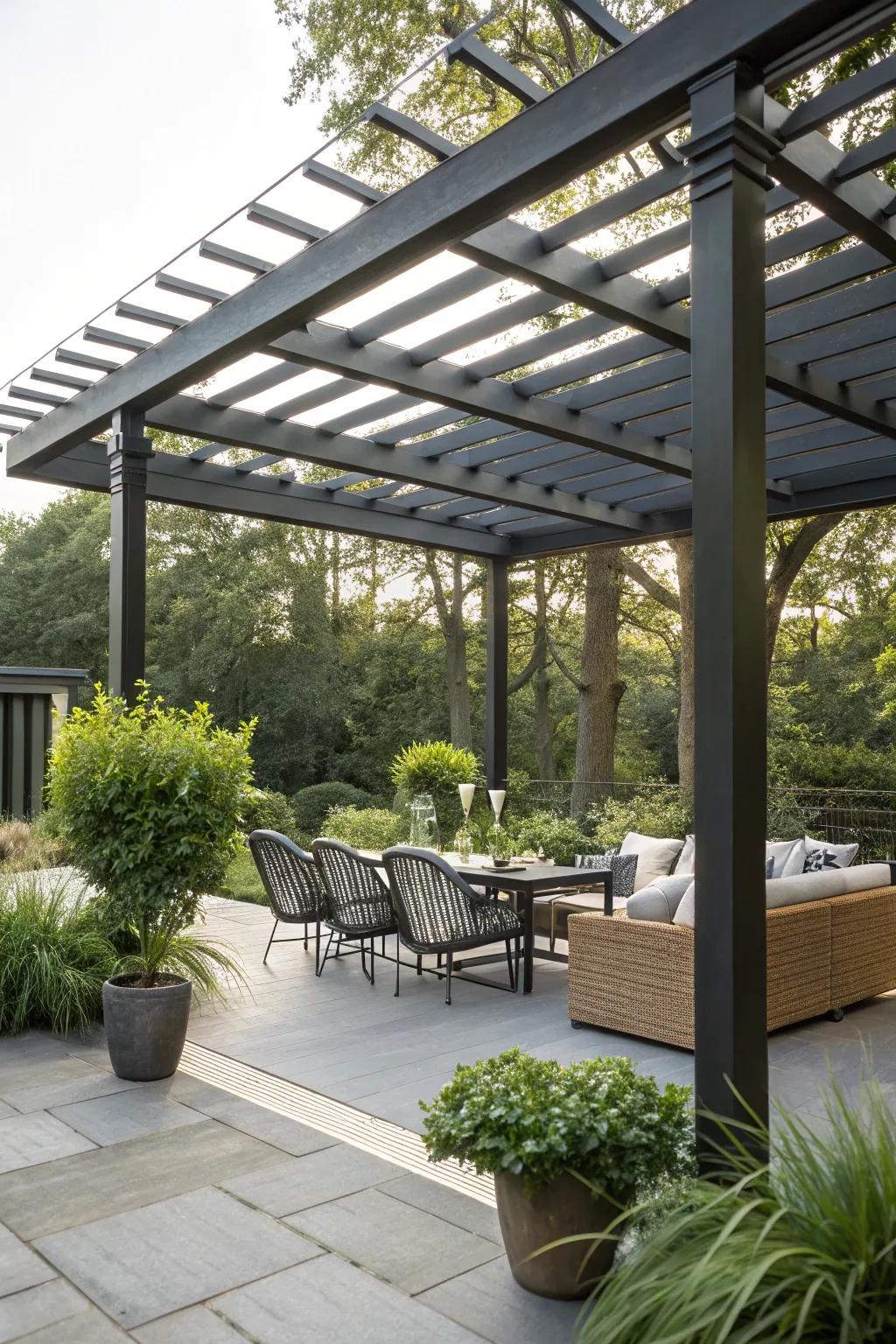 A stylish pergola offering shade in a modern garden.