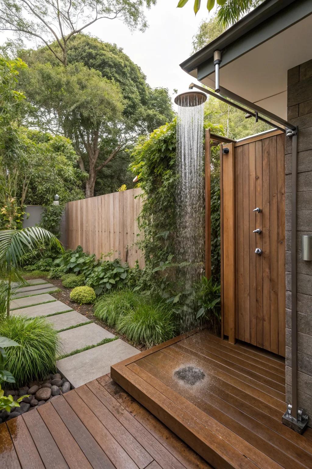 A seamlessly integrated outdoor shower in a garden setting.