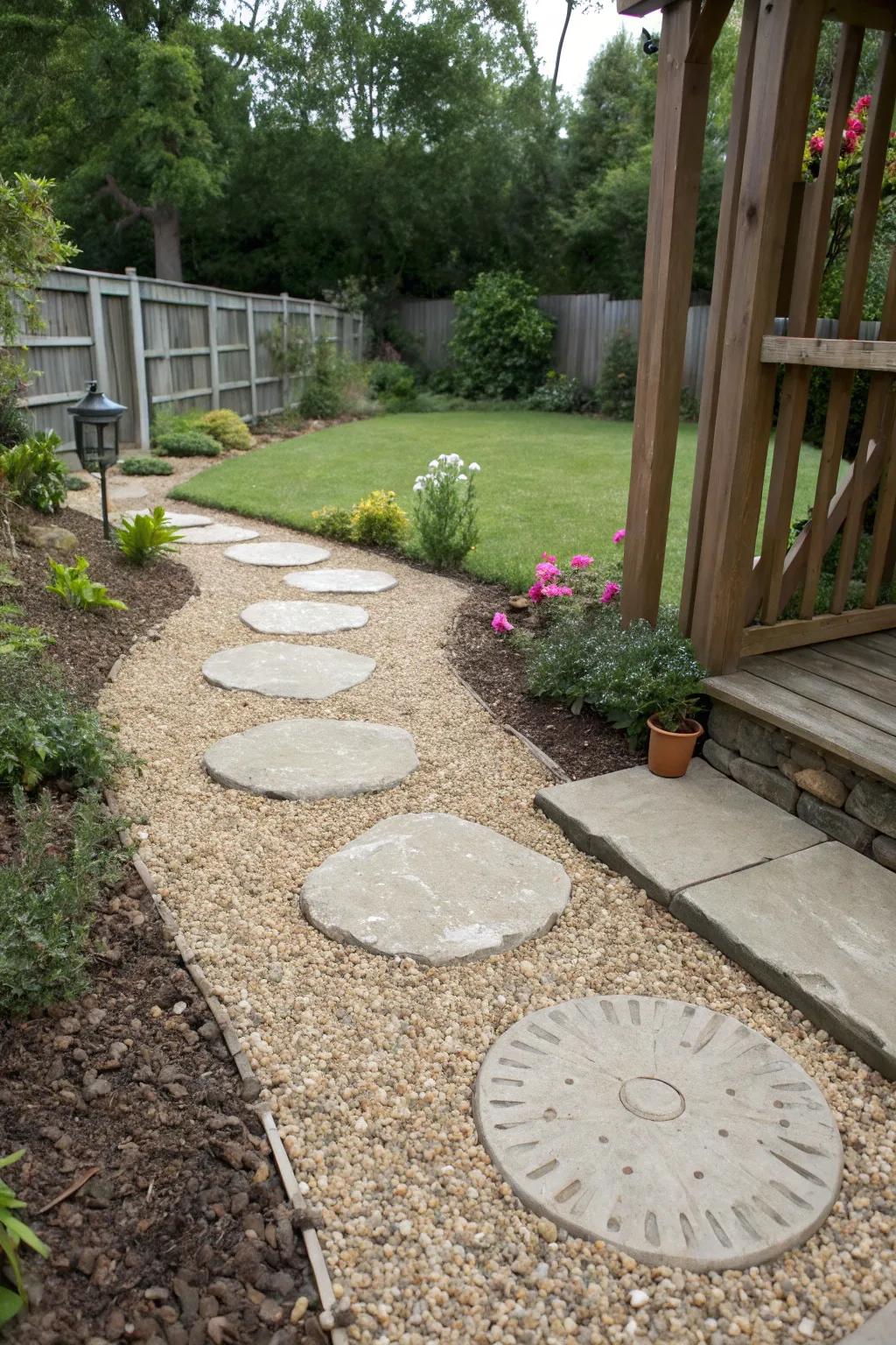Stepping stones add design and functionality to pea gravel patios.