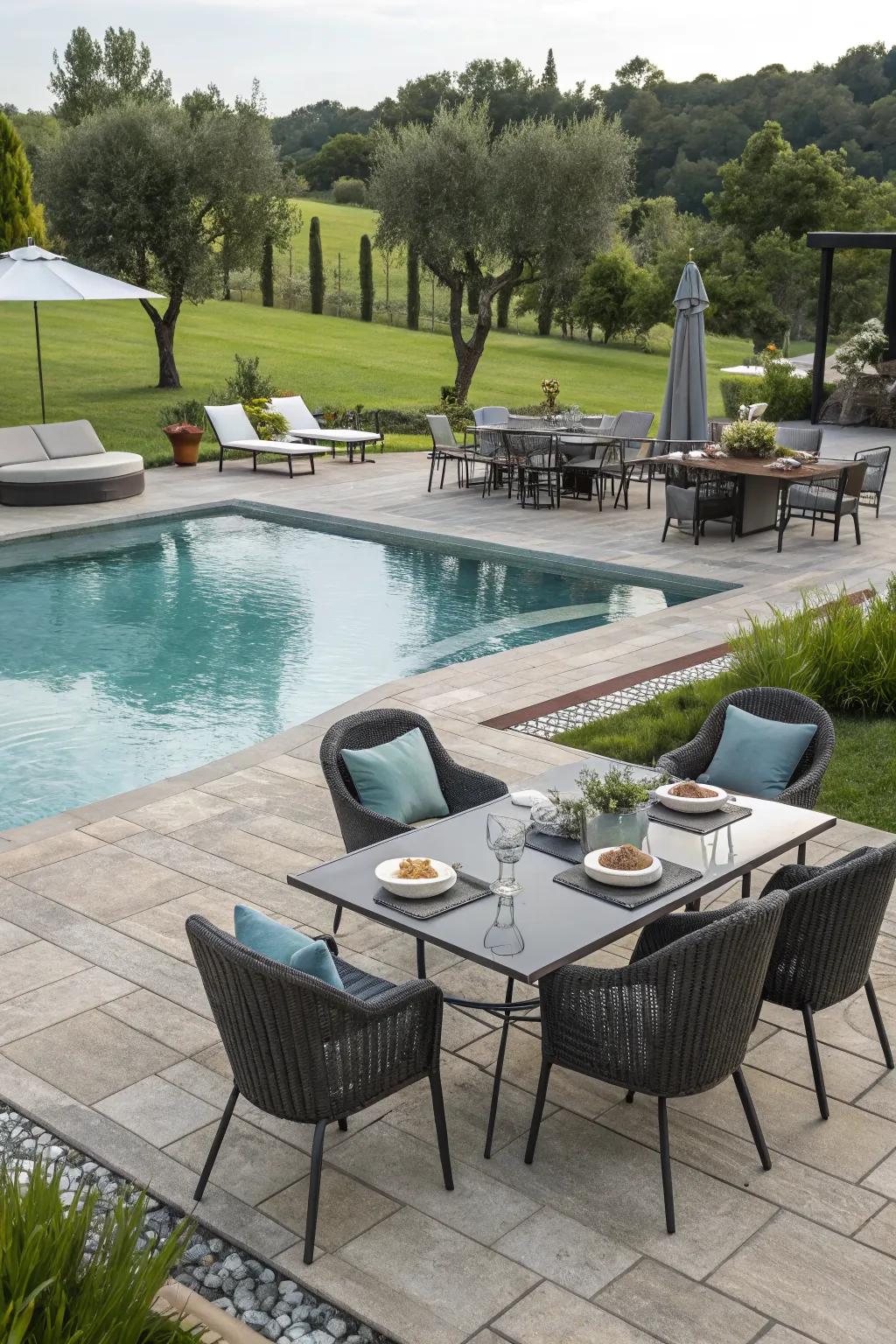 A multi-functional pool patio with distinct areas for various activities.