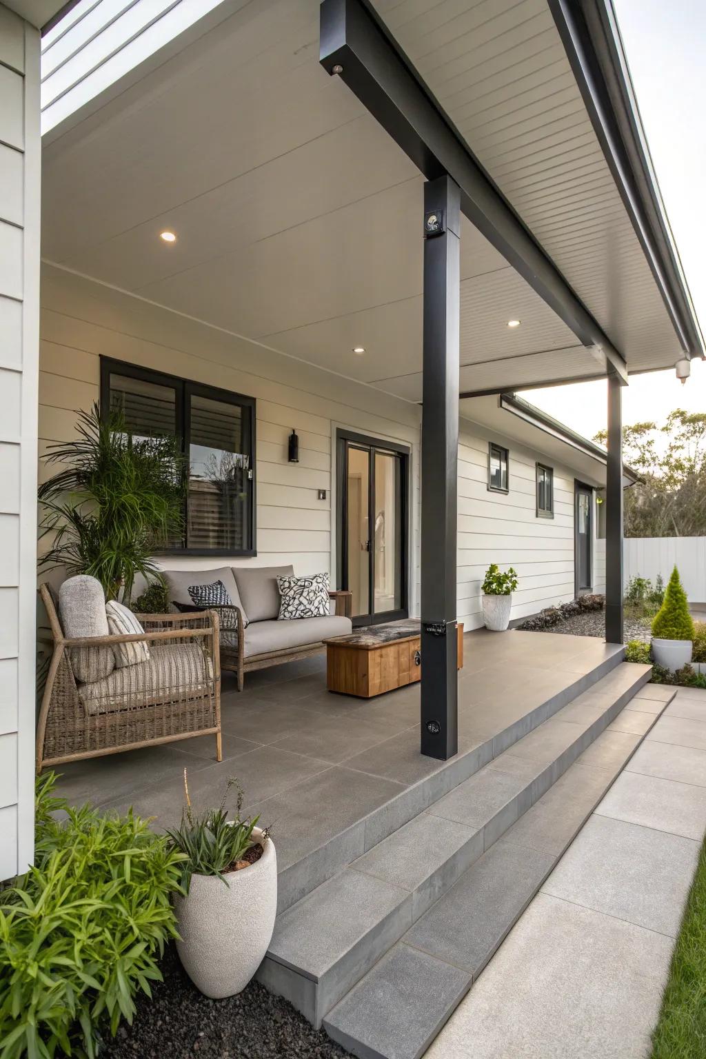 A modern porch with a stylish covered space.