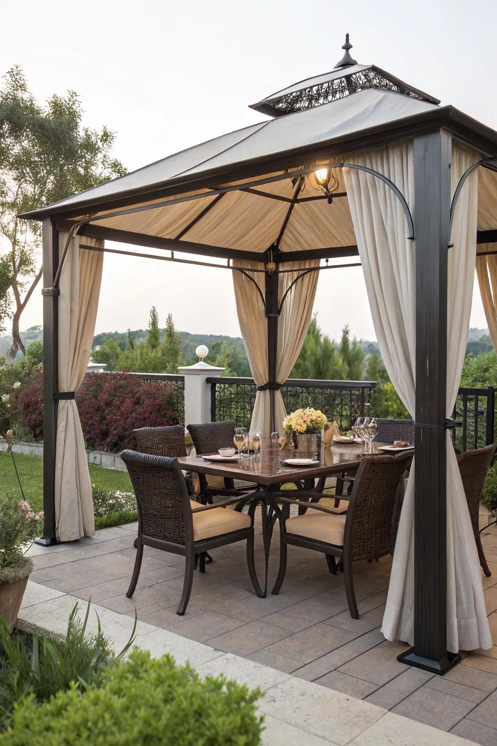 An outdoor dining gazebo perfect for hosting alfresco dinner parties.