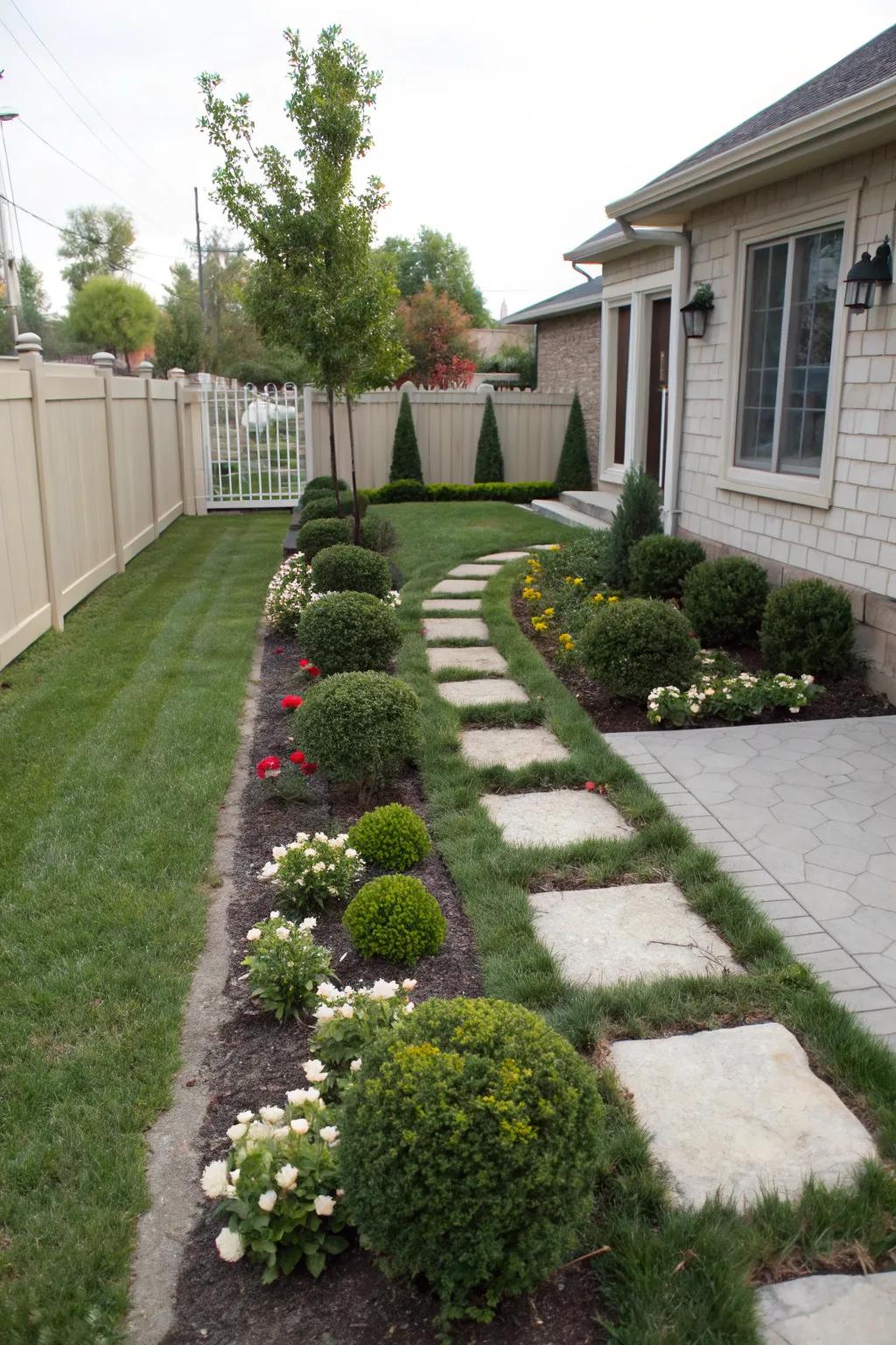 Symmetrical plantings create a balanced and orderly appearance.