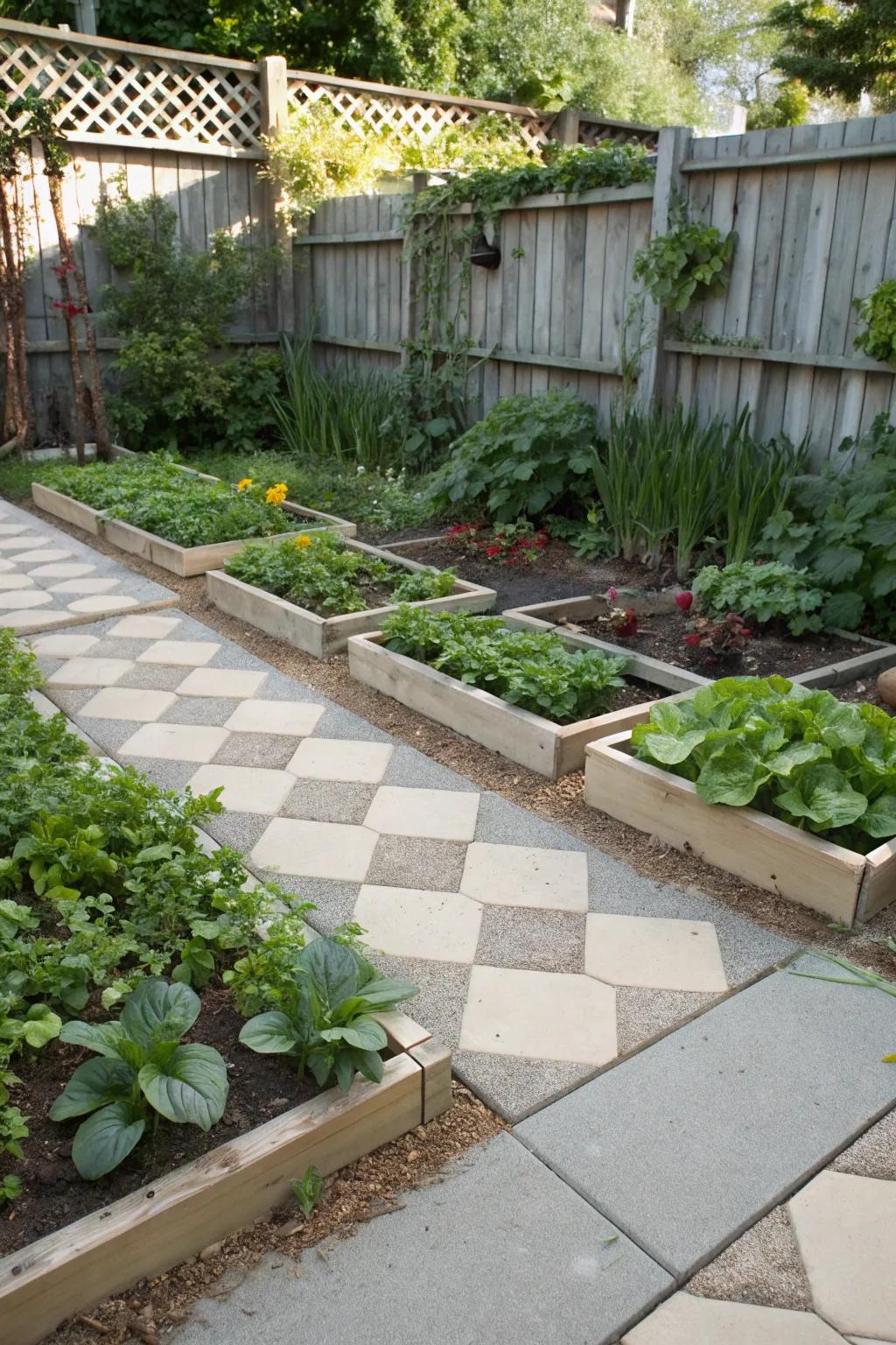 A stylish shade garden with a checkerboard design for optimal growth.