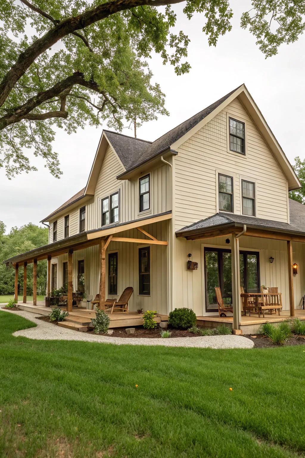 Modern farmhouse charm with classic vinyl siding.