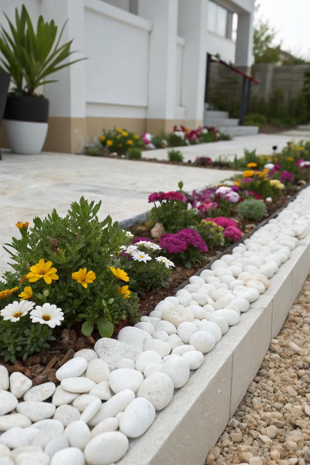 Minimalist borders with white pebbles add a touch of elegance.