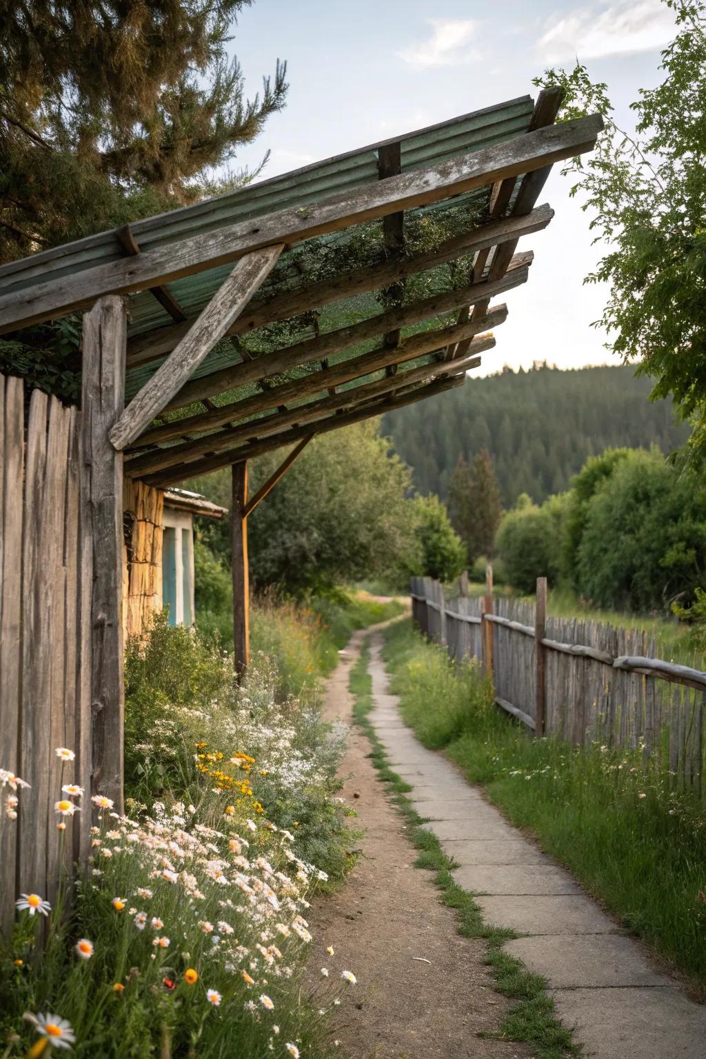 A weathered wood awning adds rustic charm to this cozy outdoor space.