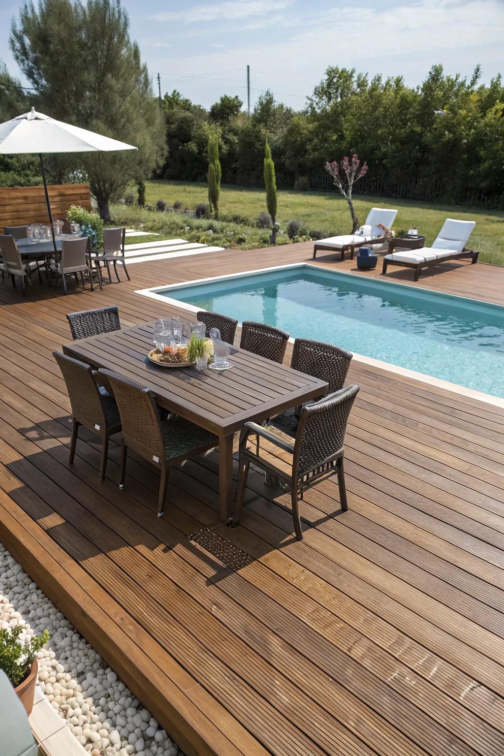 A functional pool deck with separate areas for various activities.