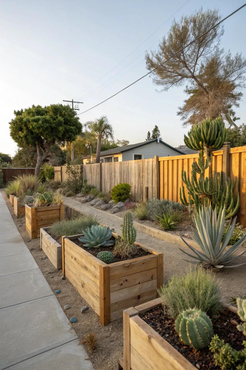 A xeriscape front yard featuring decorative wooden fences and planters.
