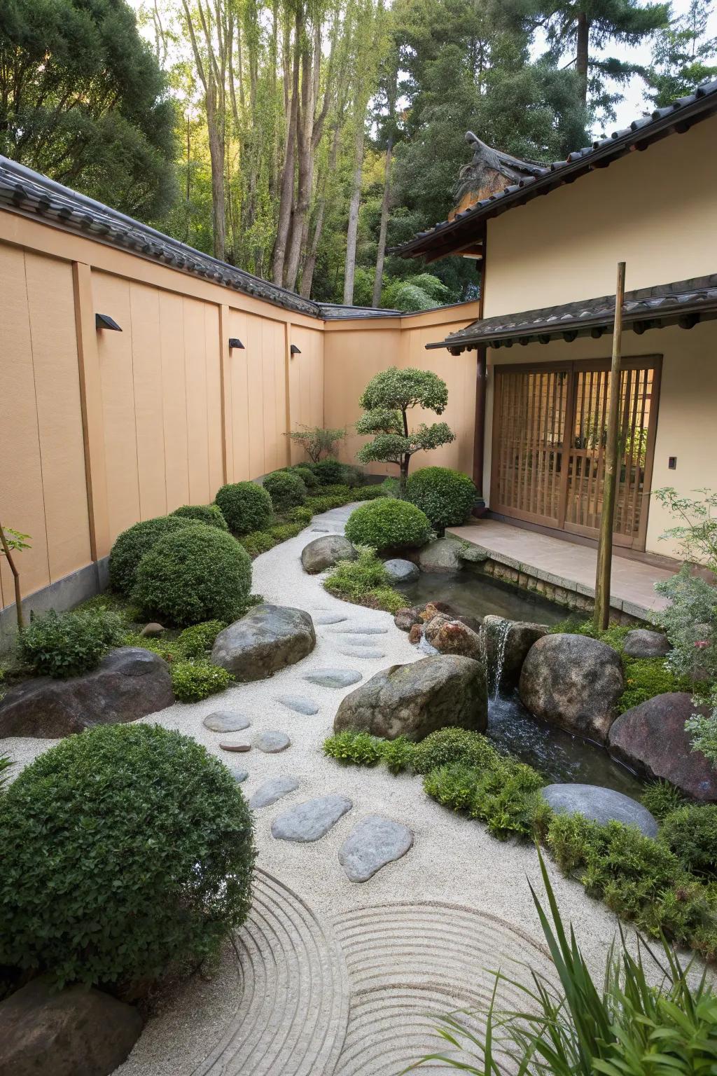 Garden walls offer privacy in a Zen garden.