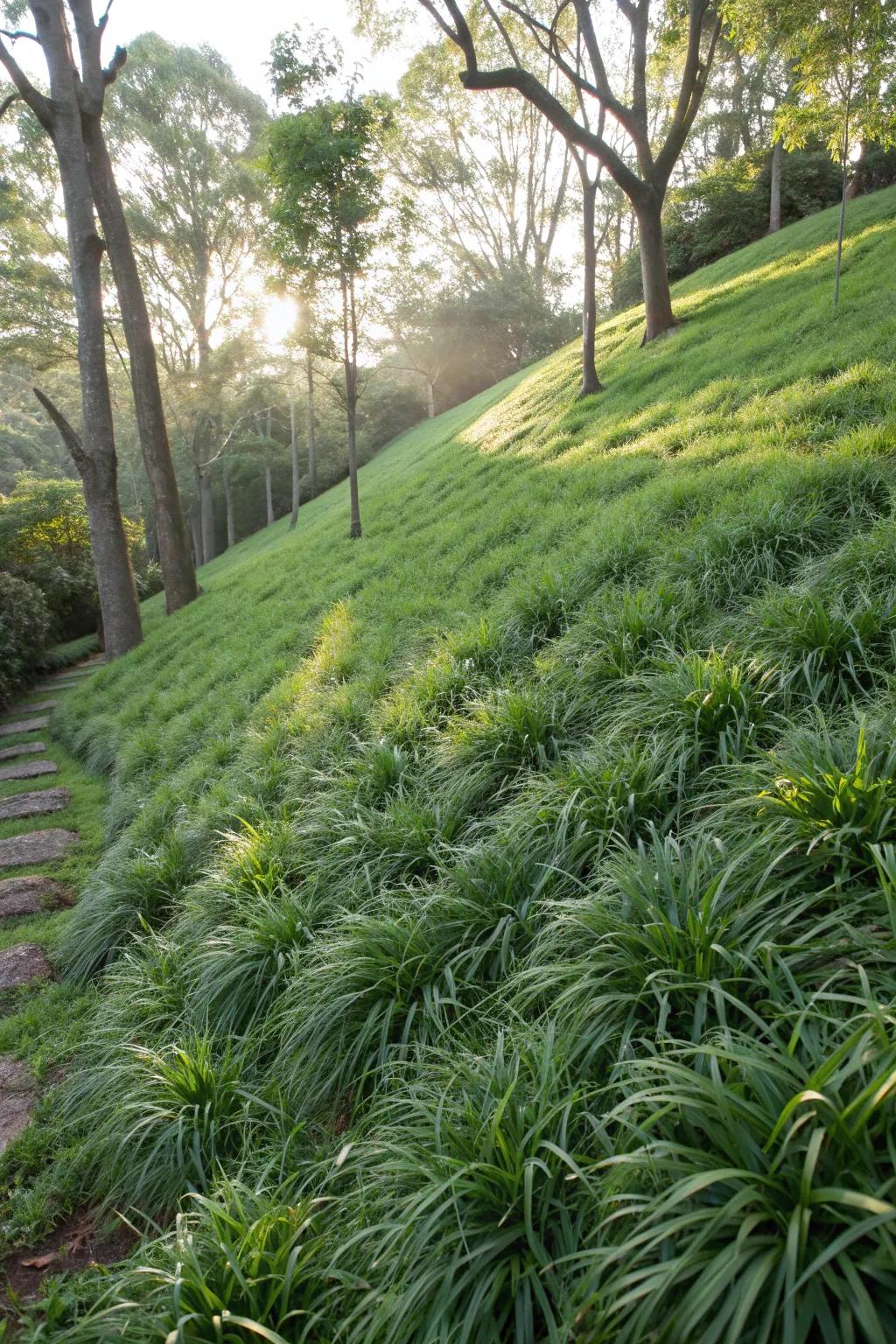 Mondo grass covers a slope, providing both erosion control and a lush green appearance.