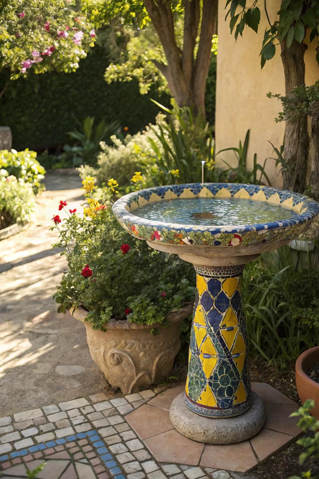 A Mediterranean-inspired mosaic bird bath, evoking sunny holidays by the sea.