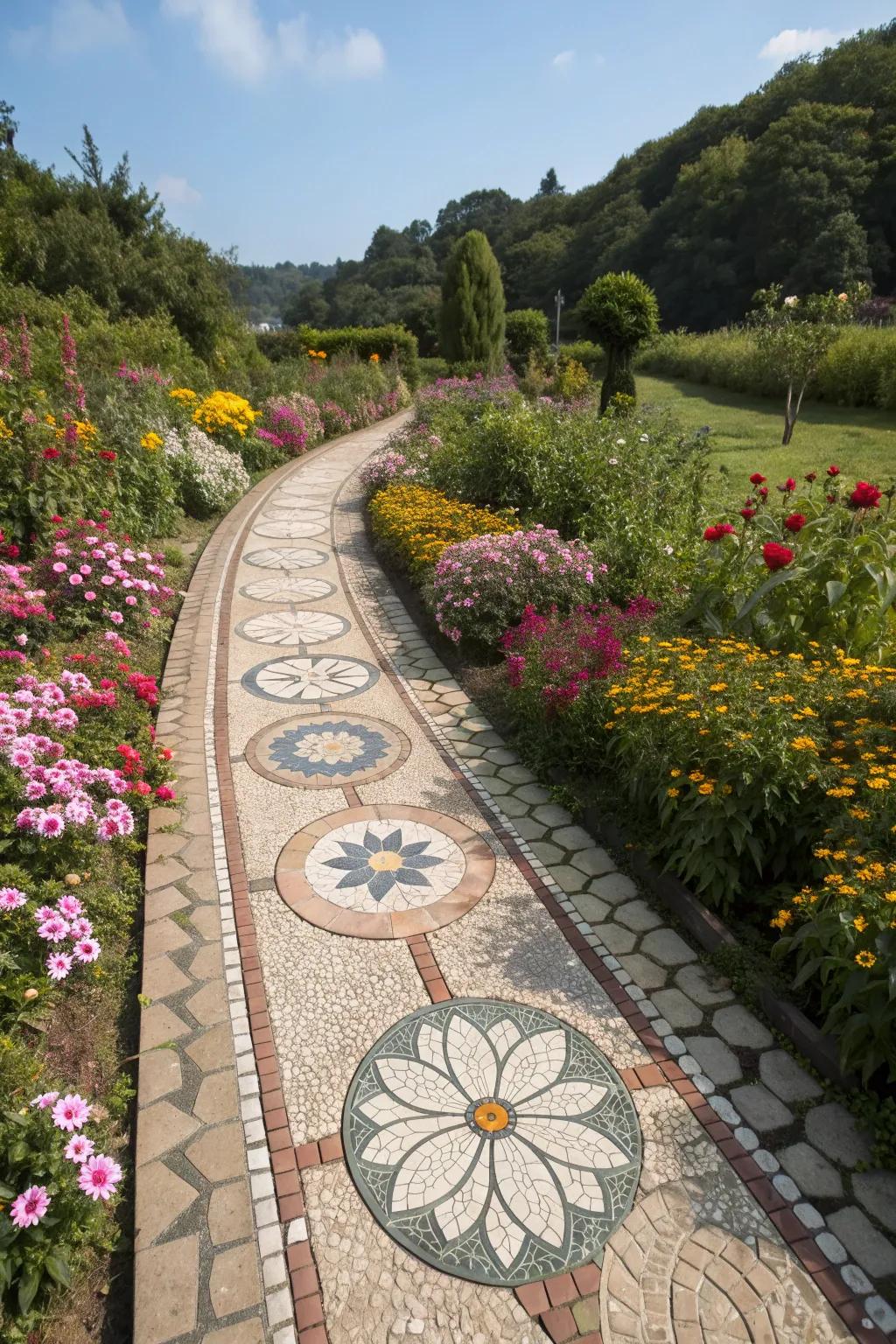 Flower-shaped tiles turn this path into a blooming masterpiece.