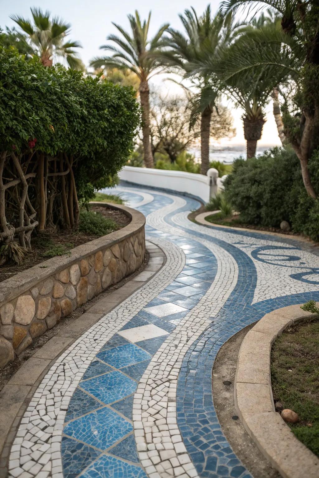 A seaside-themed mosaic pathway with blue and white tiles, adding a coastal touch to the garden.