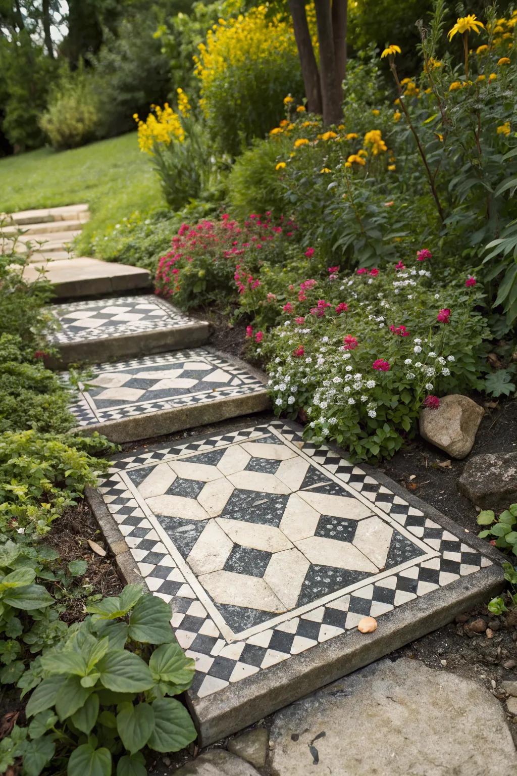 Checkerboard mosaic stones offer a timeless and bold garden design