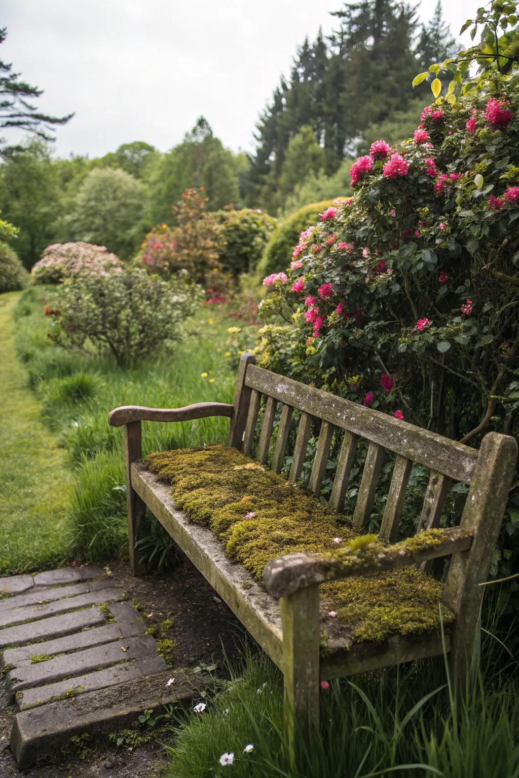 An outdoor wooden bench, creatively adorned with moss, nestled in a garden setting.
