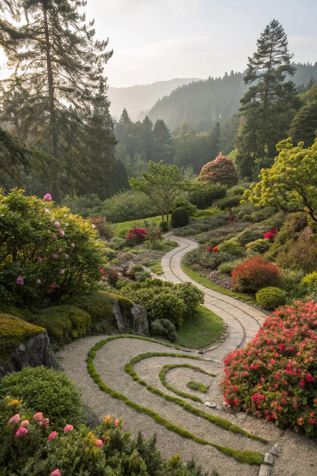 Curved paths add a whimsical touch to garden mounds.