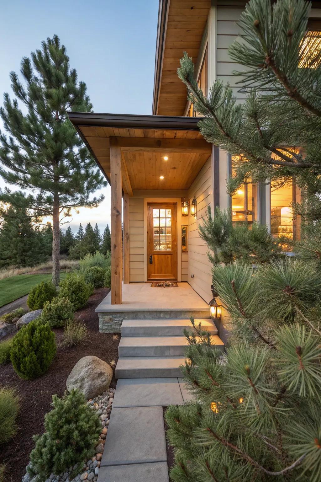 Welcome guests with mugo pines accenting your entryway.