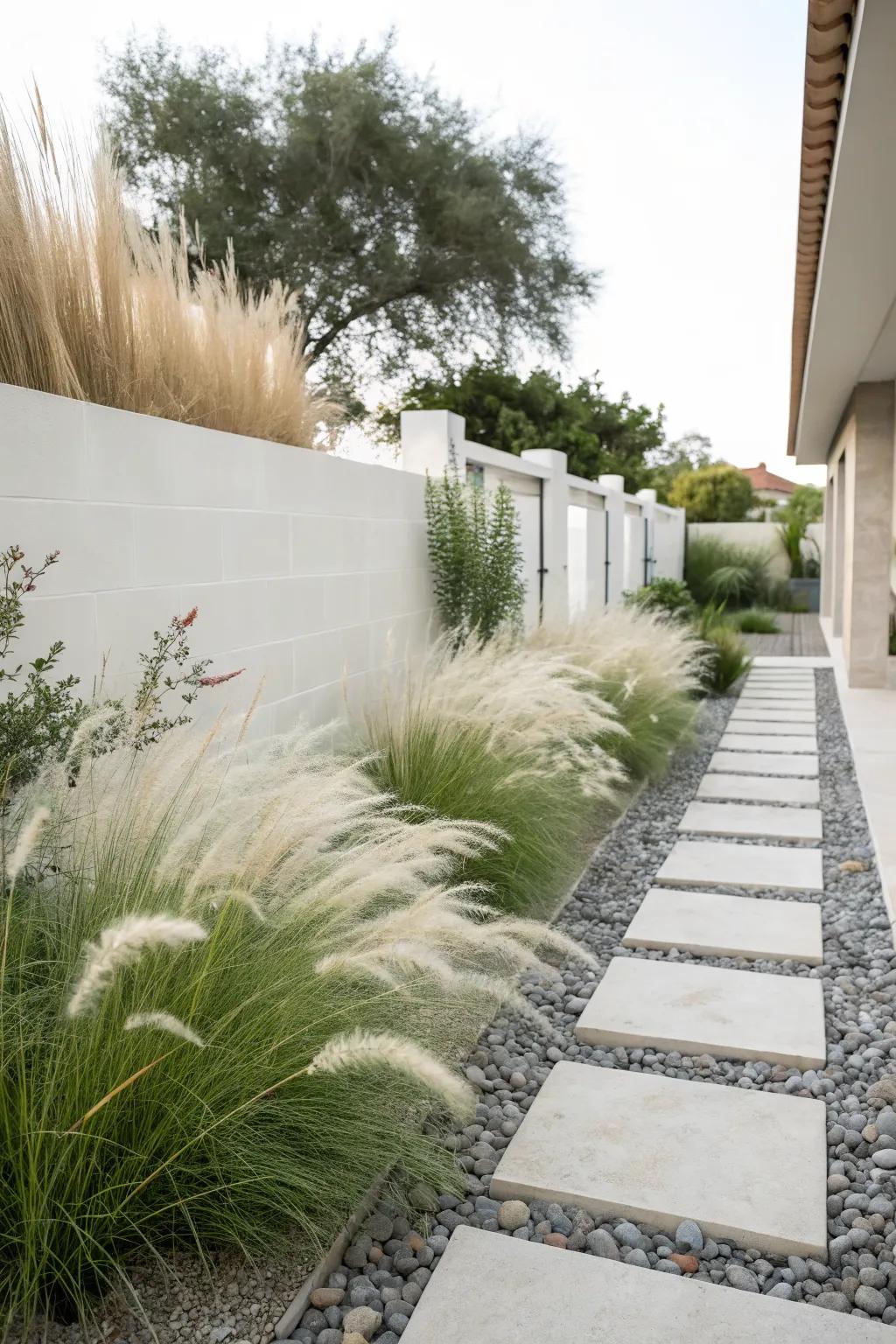 Minimalist aesthetics with muhly grass in a modern garden.