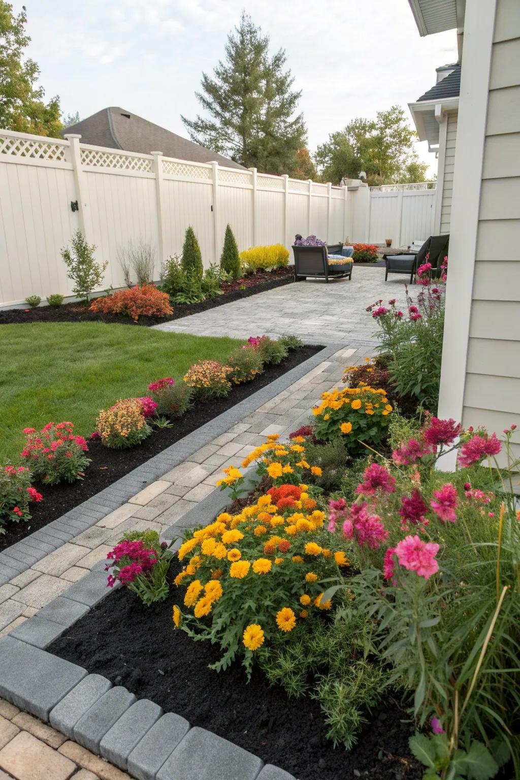 A modern backyard design featuring striking black mulch and vibrant blooms.