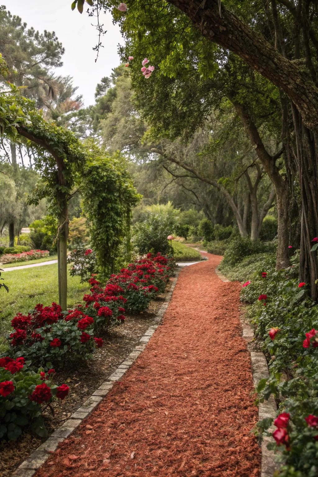Rustic charm with red mulch lining garden paths.