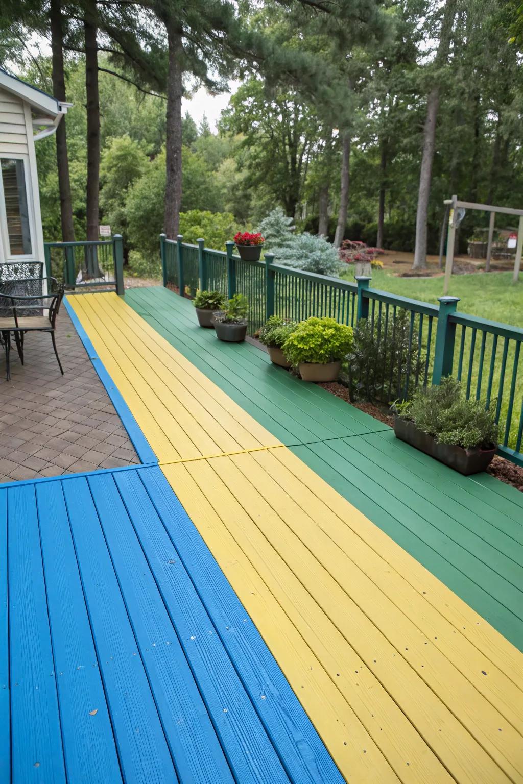 Distinct color-blocked areas on the deck.