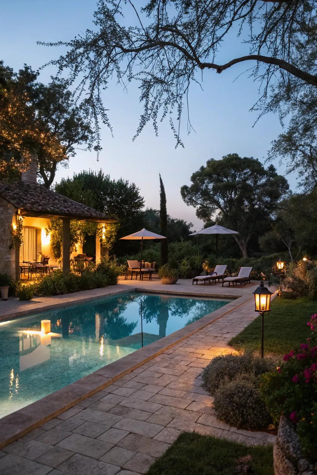 Ambient lighting turns the pool area into a magical evening retreat.