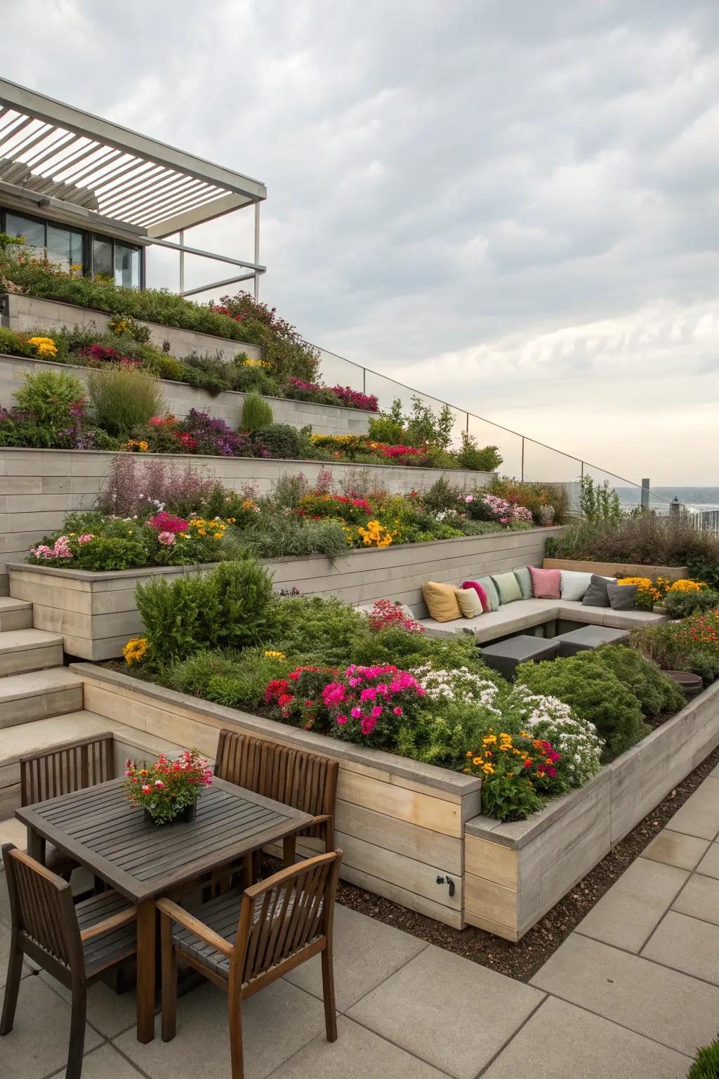 Blend greenery into your patio design with terraced garden beds.
