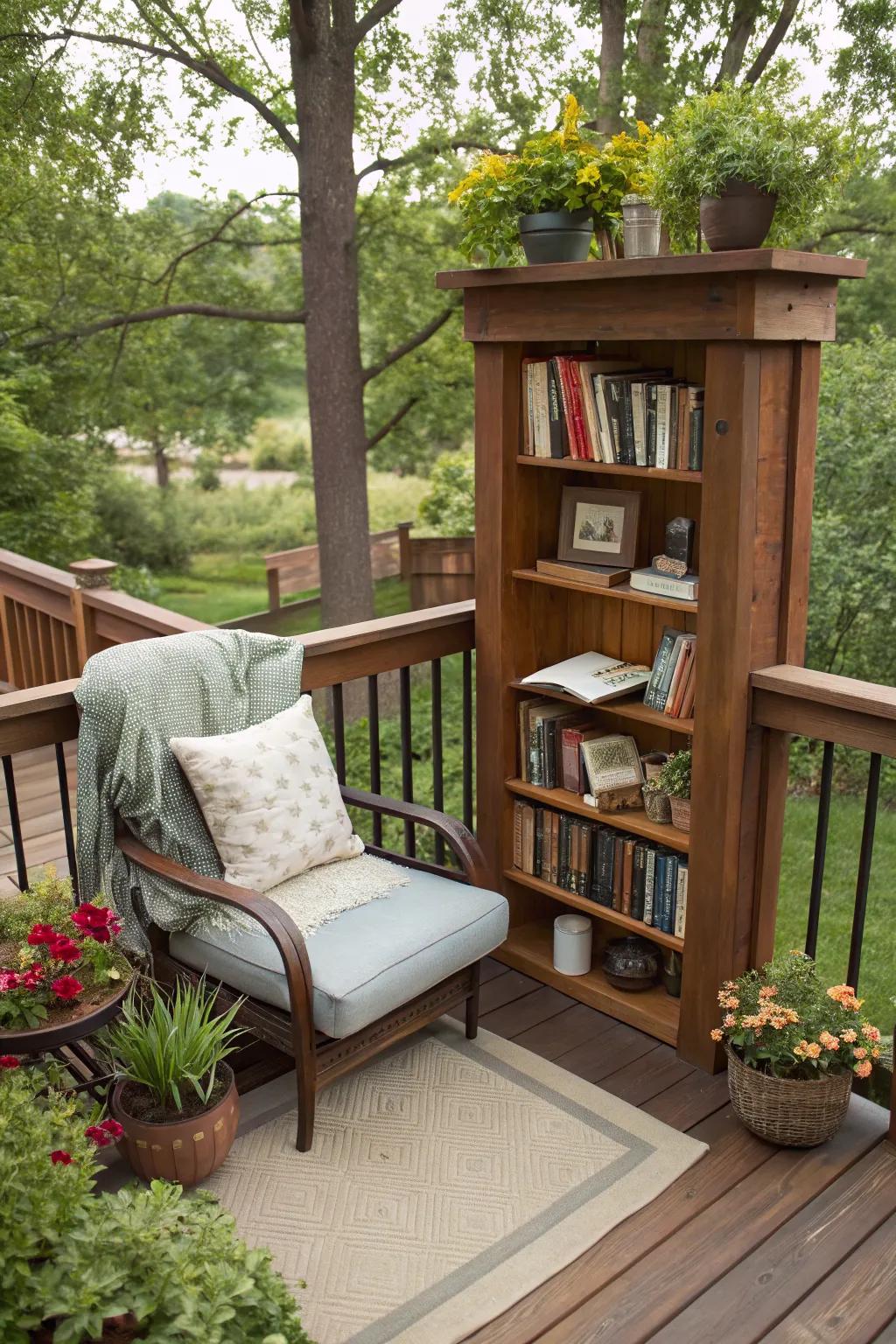 A quiet reading nook nestled on a multilevel deck for personal retreats.