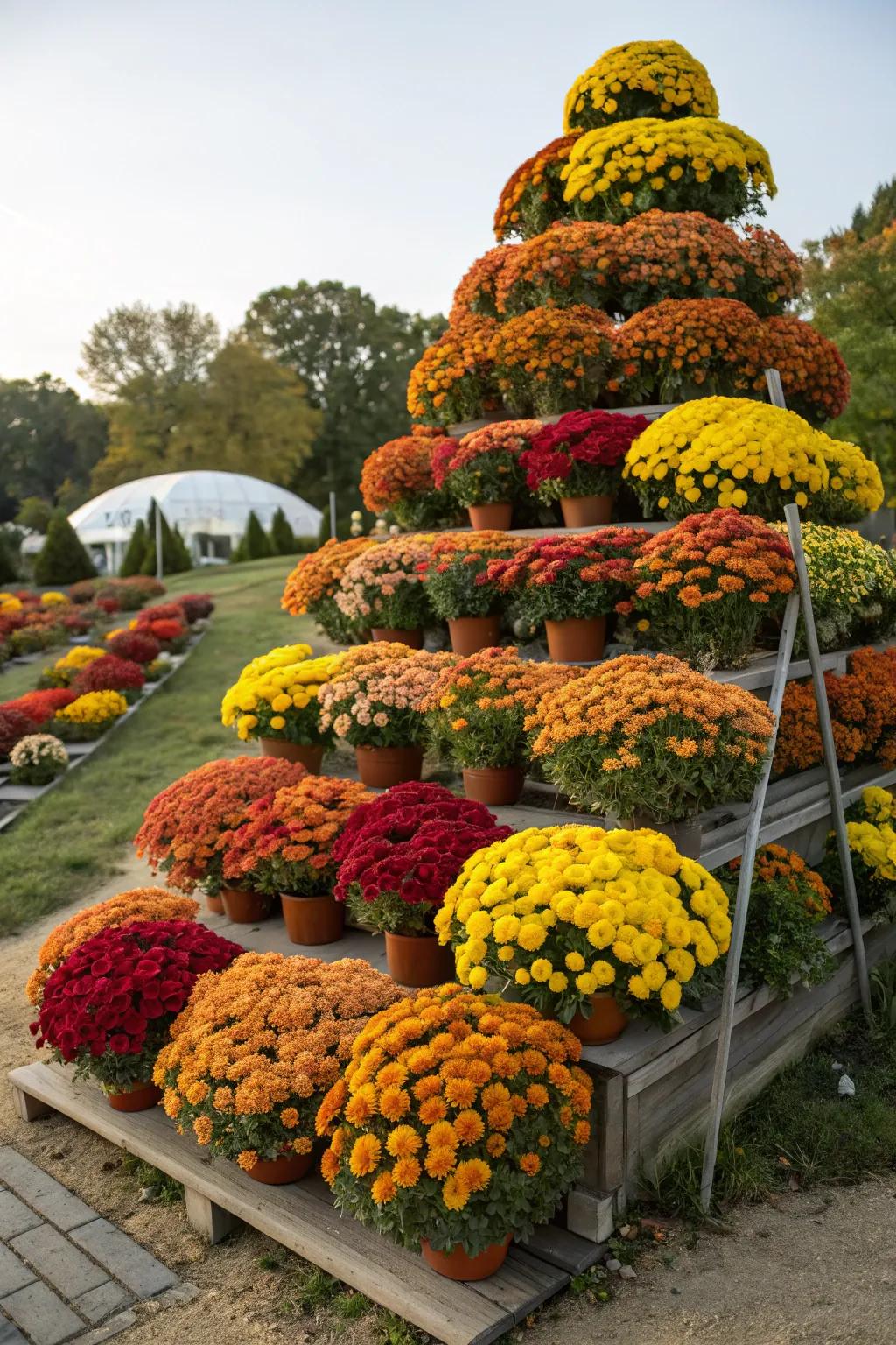Tiered displays of mums for added depth.