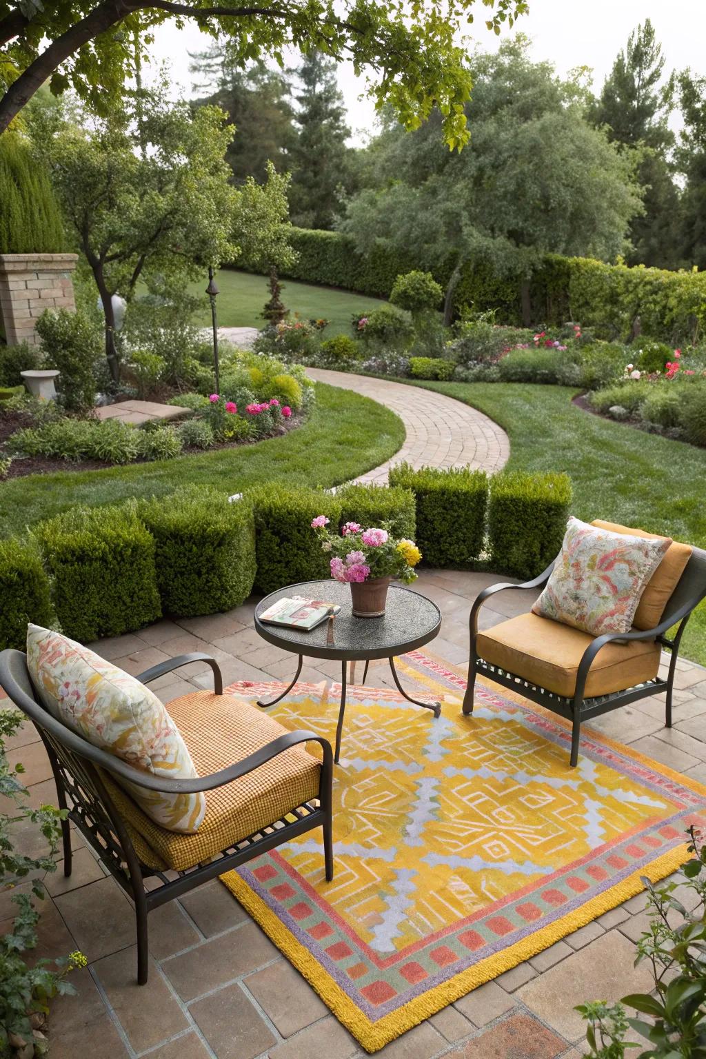 An outdoor rug adds color and definition to the patio.