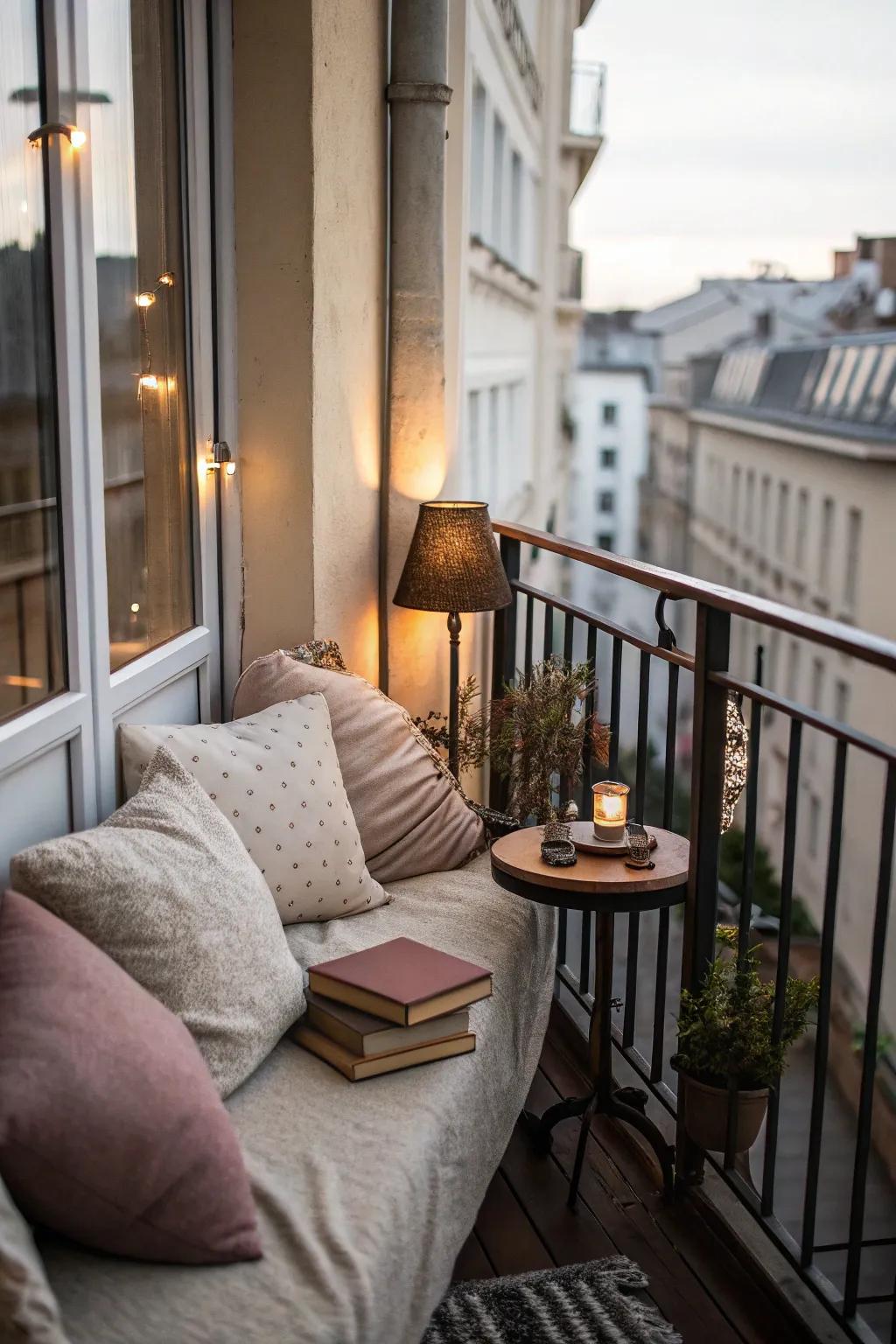 A cozy nook offers a perfect relaxation spot on narrow balconies.