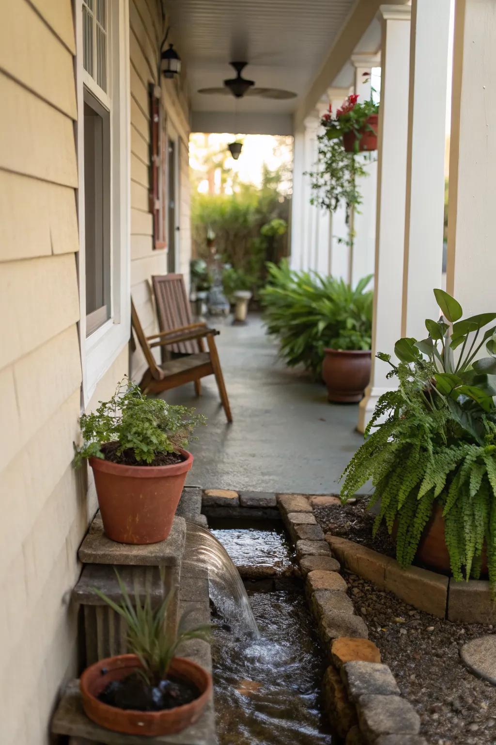 A small water feature adds a calming touch to a narrow porch.
