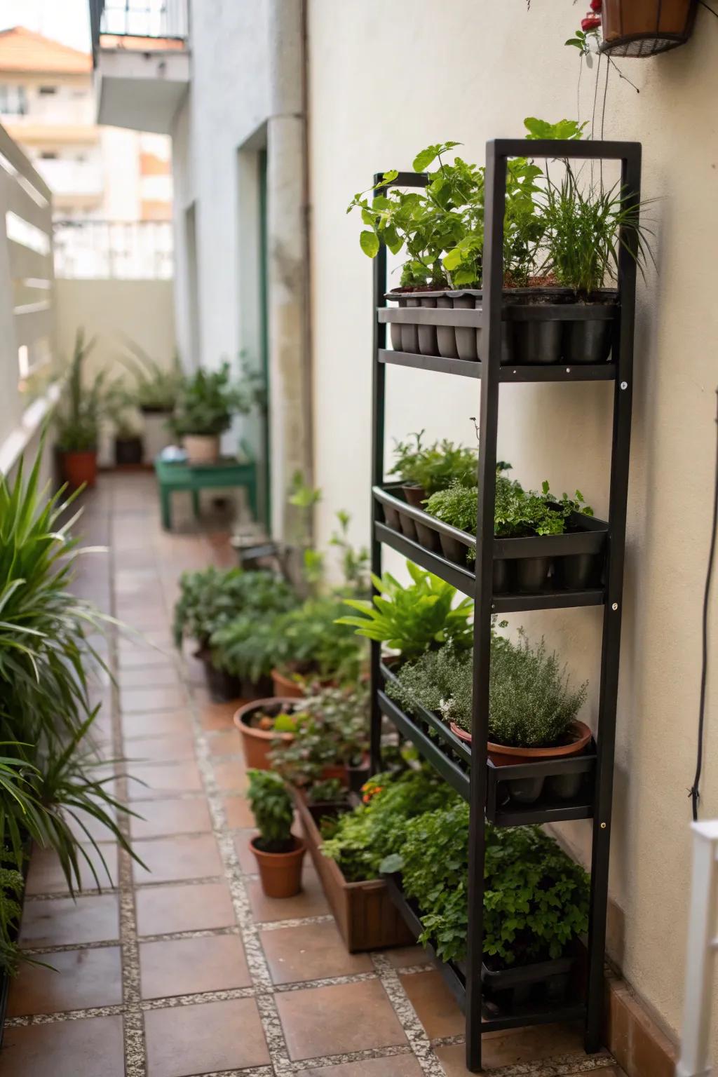 Multi-level plant stands on a narrow patio.