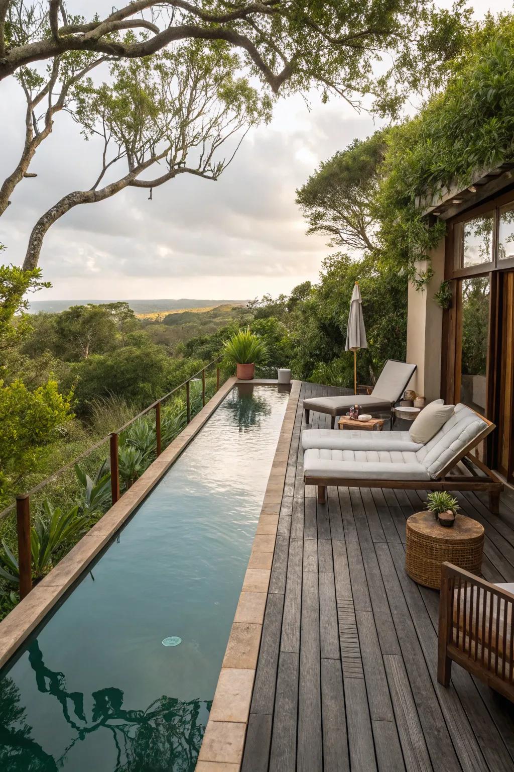 A narrow pool with a raised deck adding depth and style.
