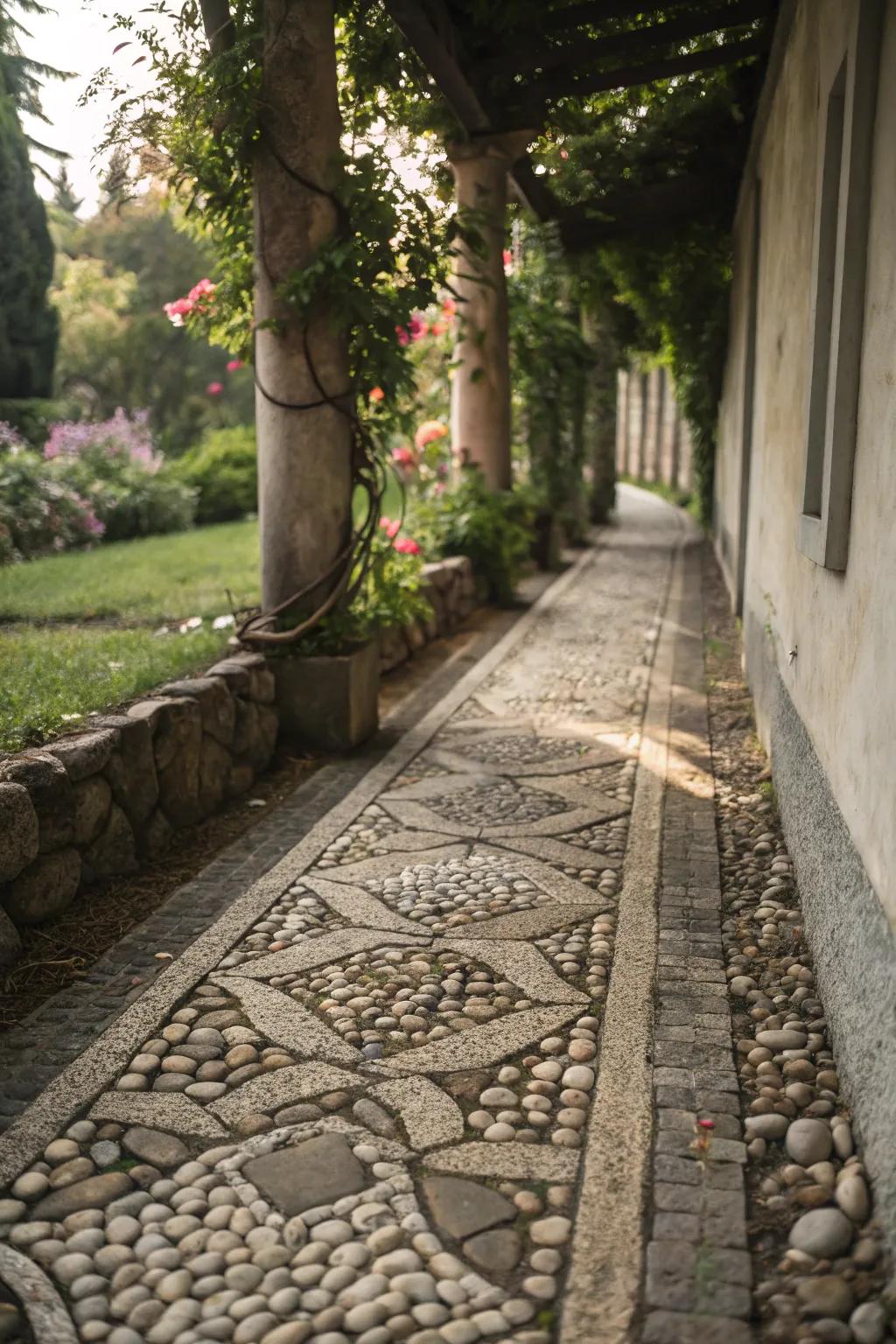 A narrow walkway displaying a mosaic of various natural stones.