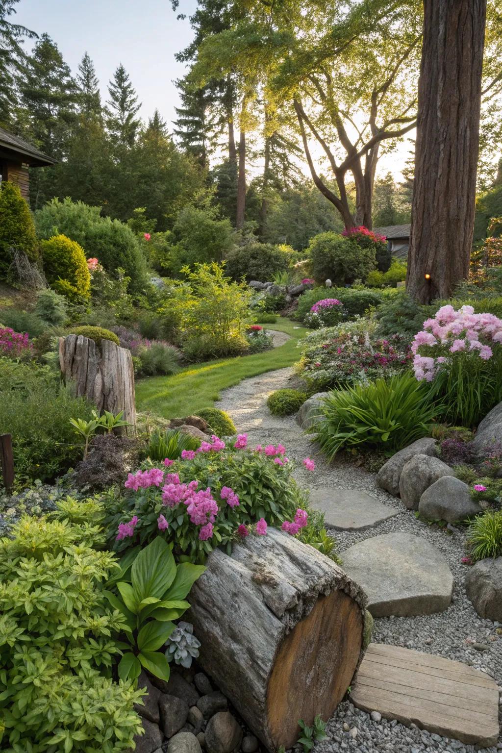A garden showcasing a mix of textures with plants and stones.