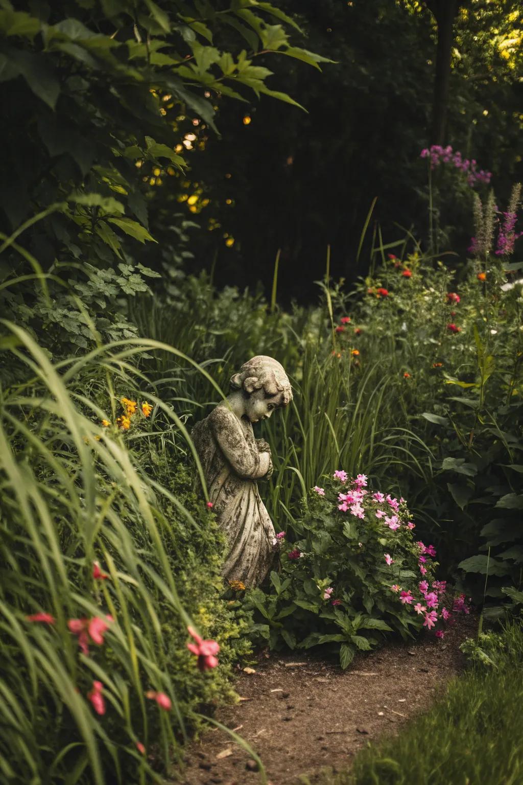 A charming garden statue peeking through lush greenery.