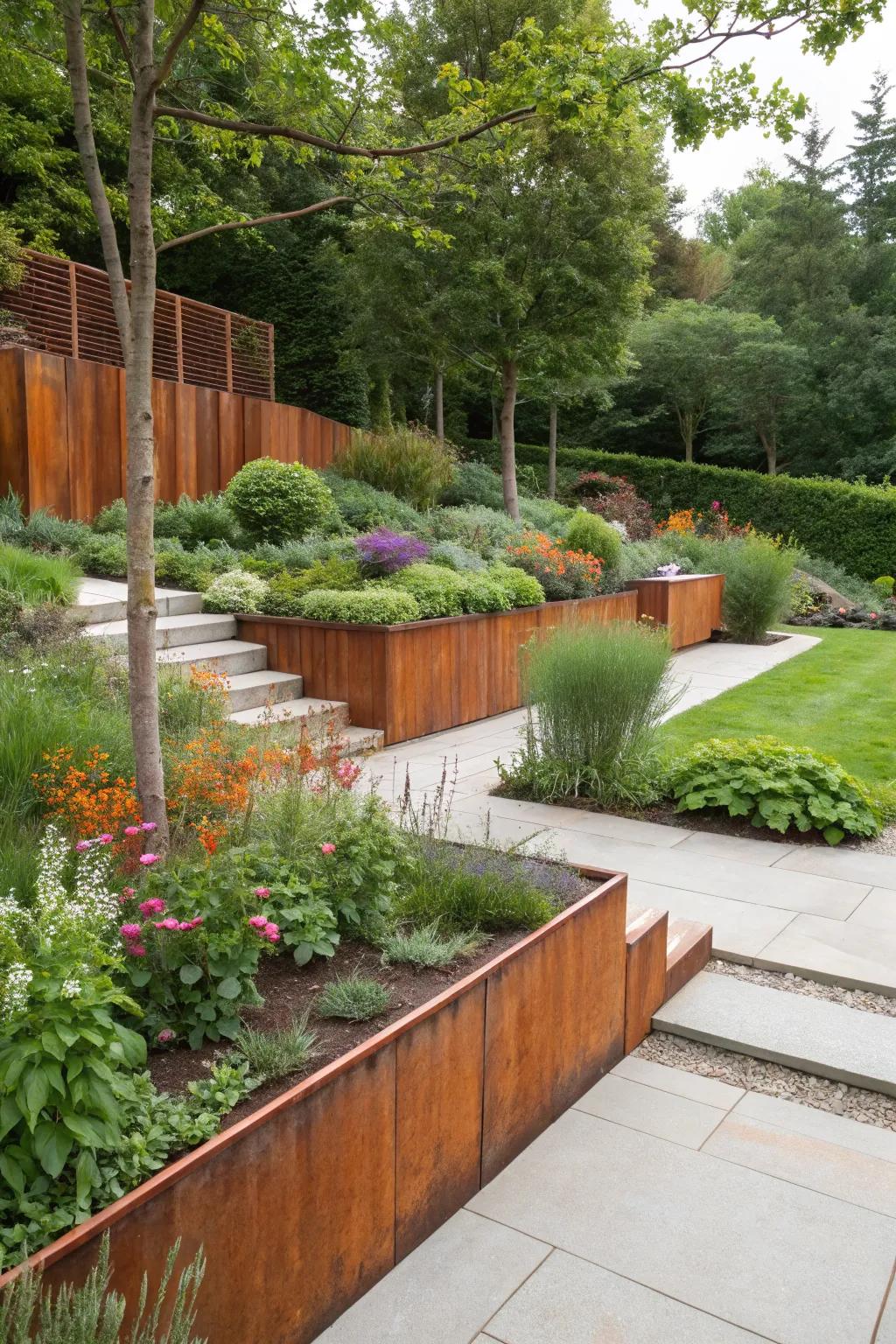 A modern garden enhanced by a Corten steel retaining wall.