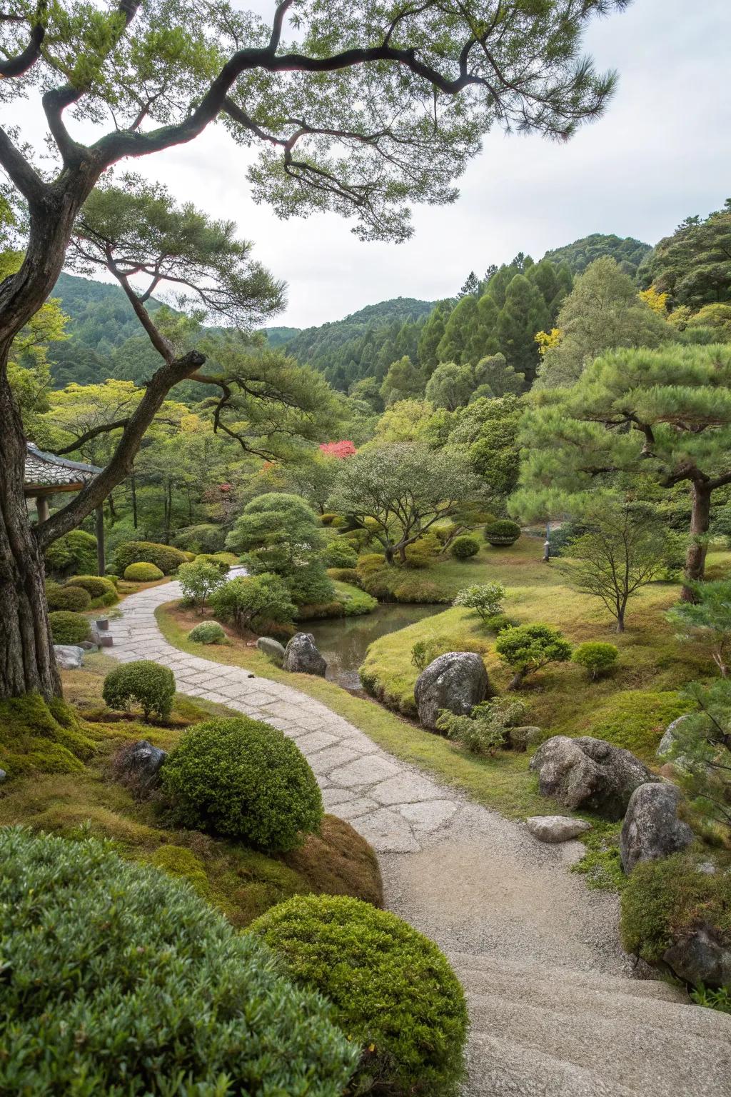 The garden blends seamlessly with its natural surroundings, creating a harmonious retreat.