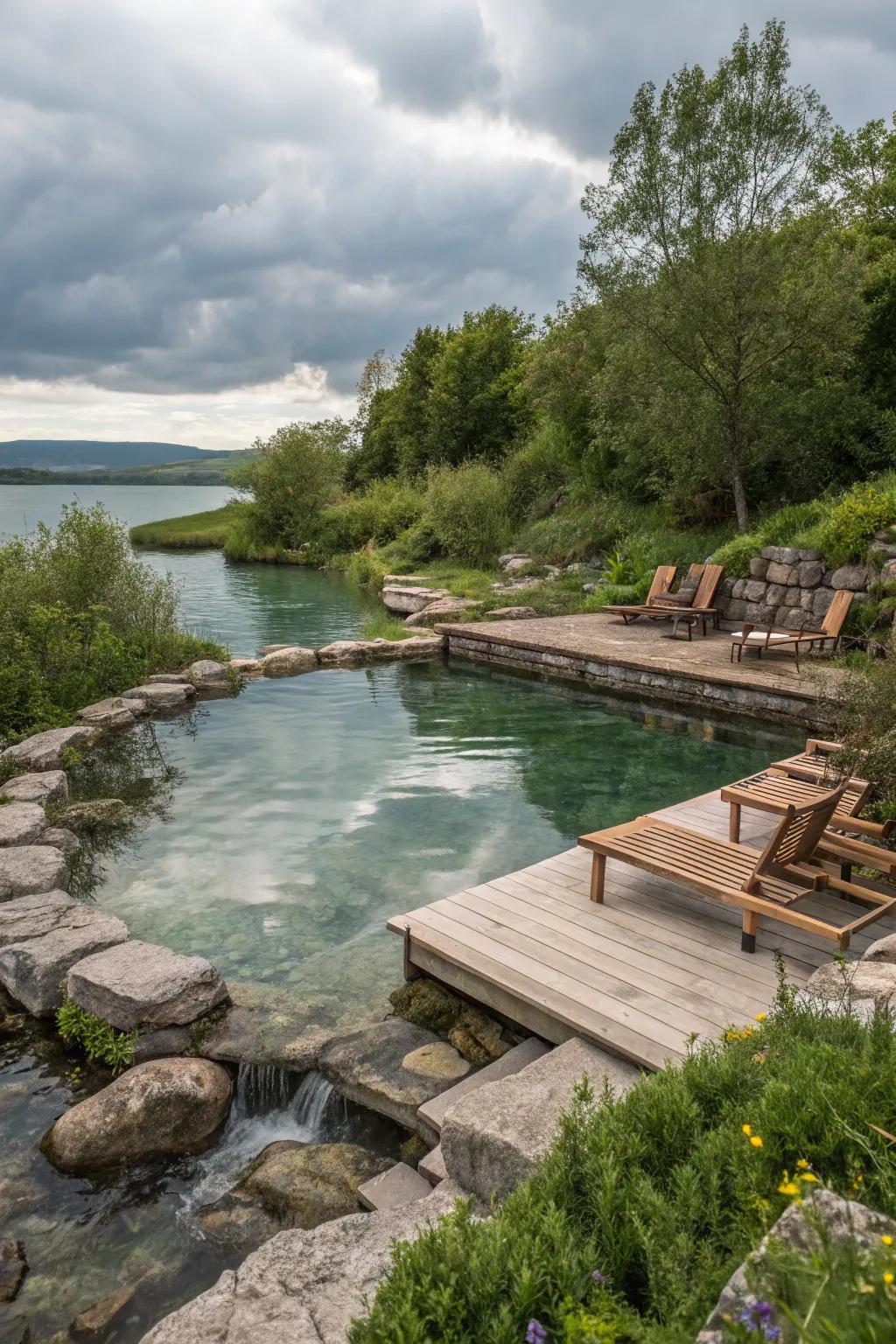 A natural swimming pool with a cozy integrated seating nook, perfect for relaxation.