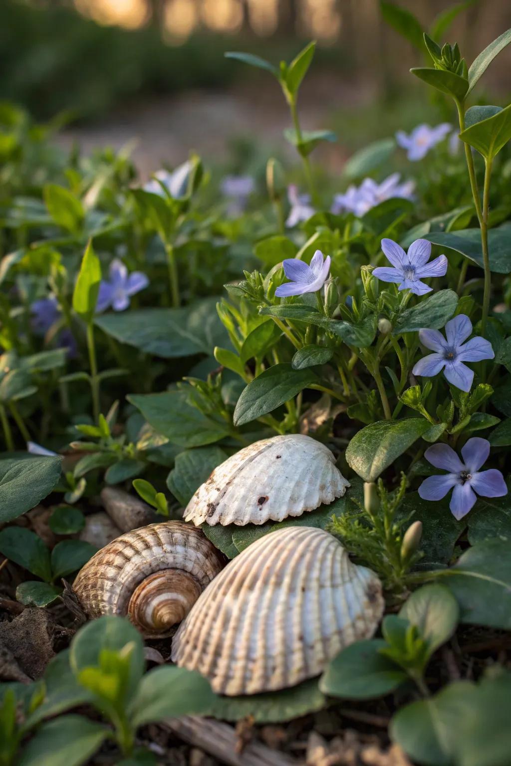 Seashells add a gentle coastal touch to garden beds.