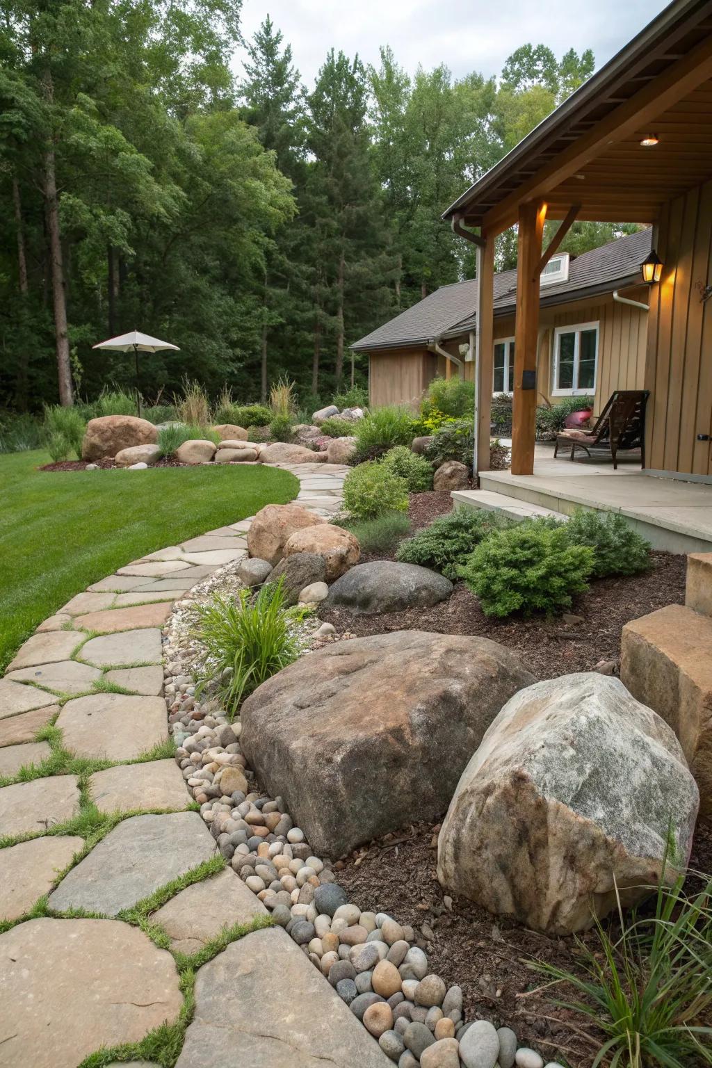 Stone accents add texture and interest to your backyard landscape.